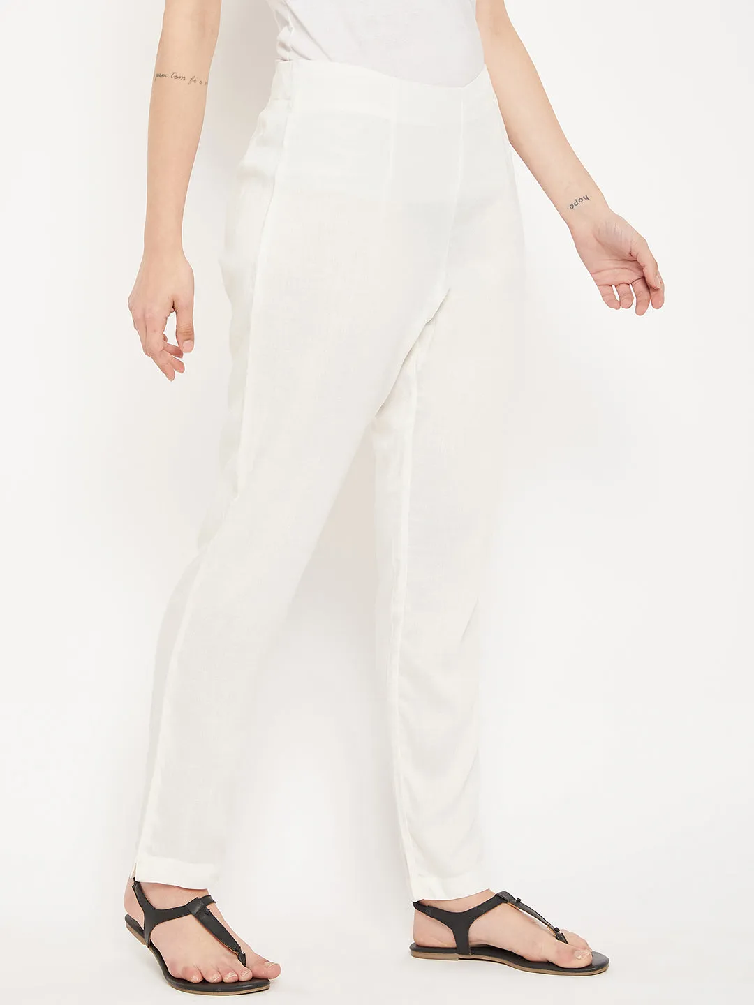 Women's Regular Slim Fit Offwhite Flat Front Mid rise Pants