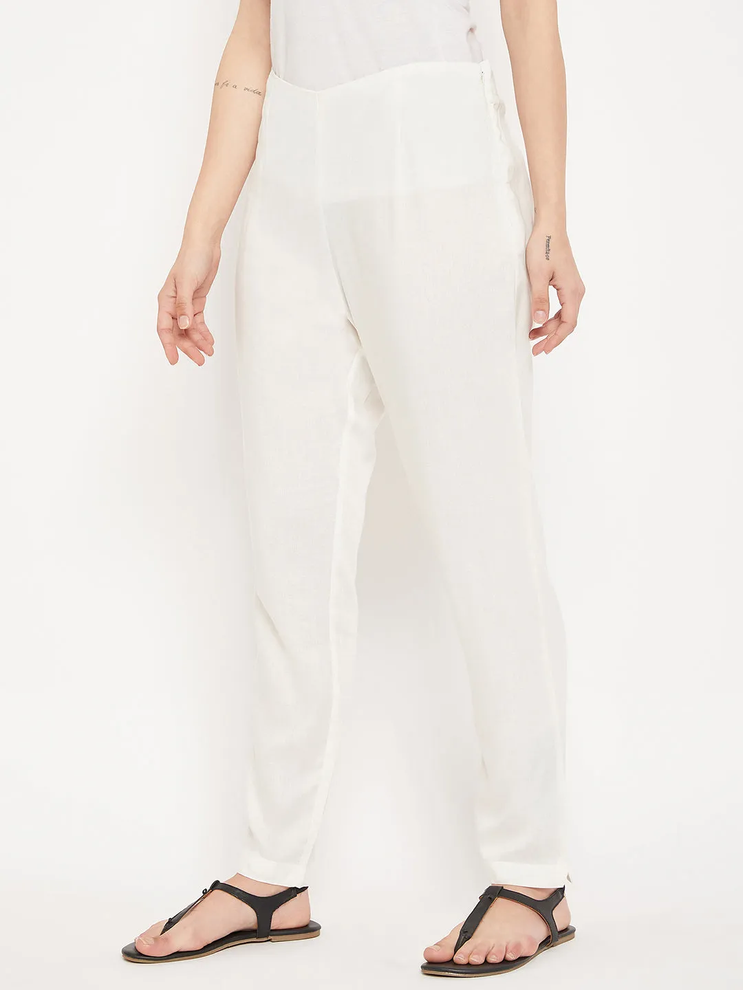 Women's Regular Slim Fit Offwhite Flat Front Mid rise Pants