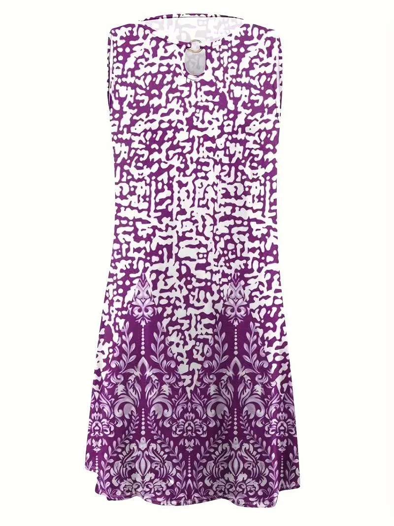 Xandra - Color Block Printing Keyhole Dress