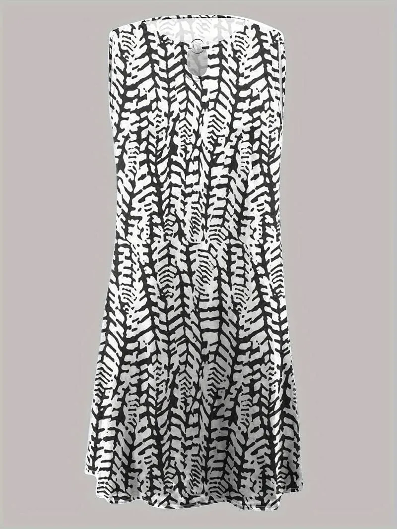 Xandra - Color Block Printing Keyhole Dress