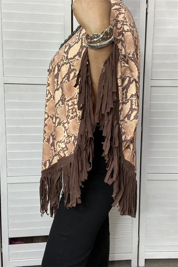 XCH13890 Snake printed poncho with brown fringe/tassel loose for women