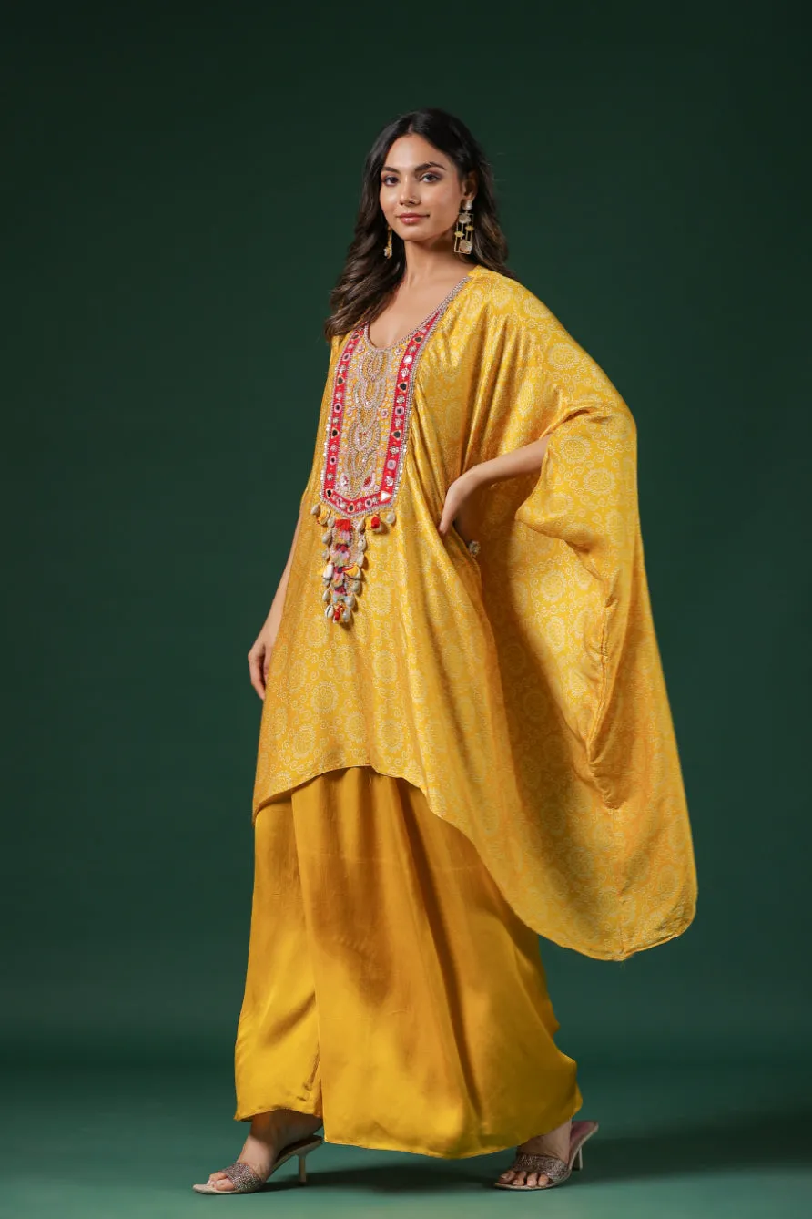 Yellow Embroidered Habutai Silk Kaftan Palazzo Set