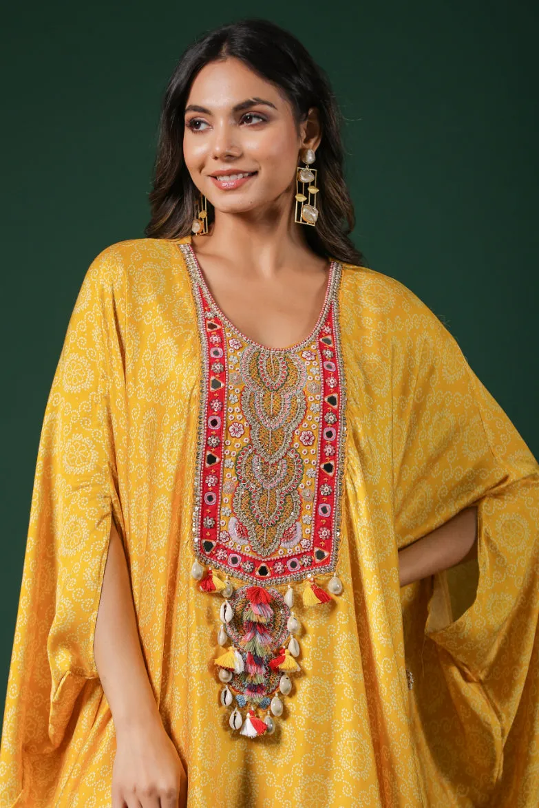 Yellow Embroidered Habutai Silk Kaftan Palazzo Set