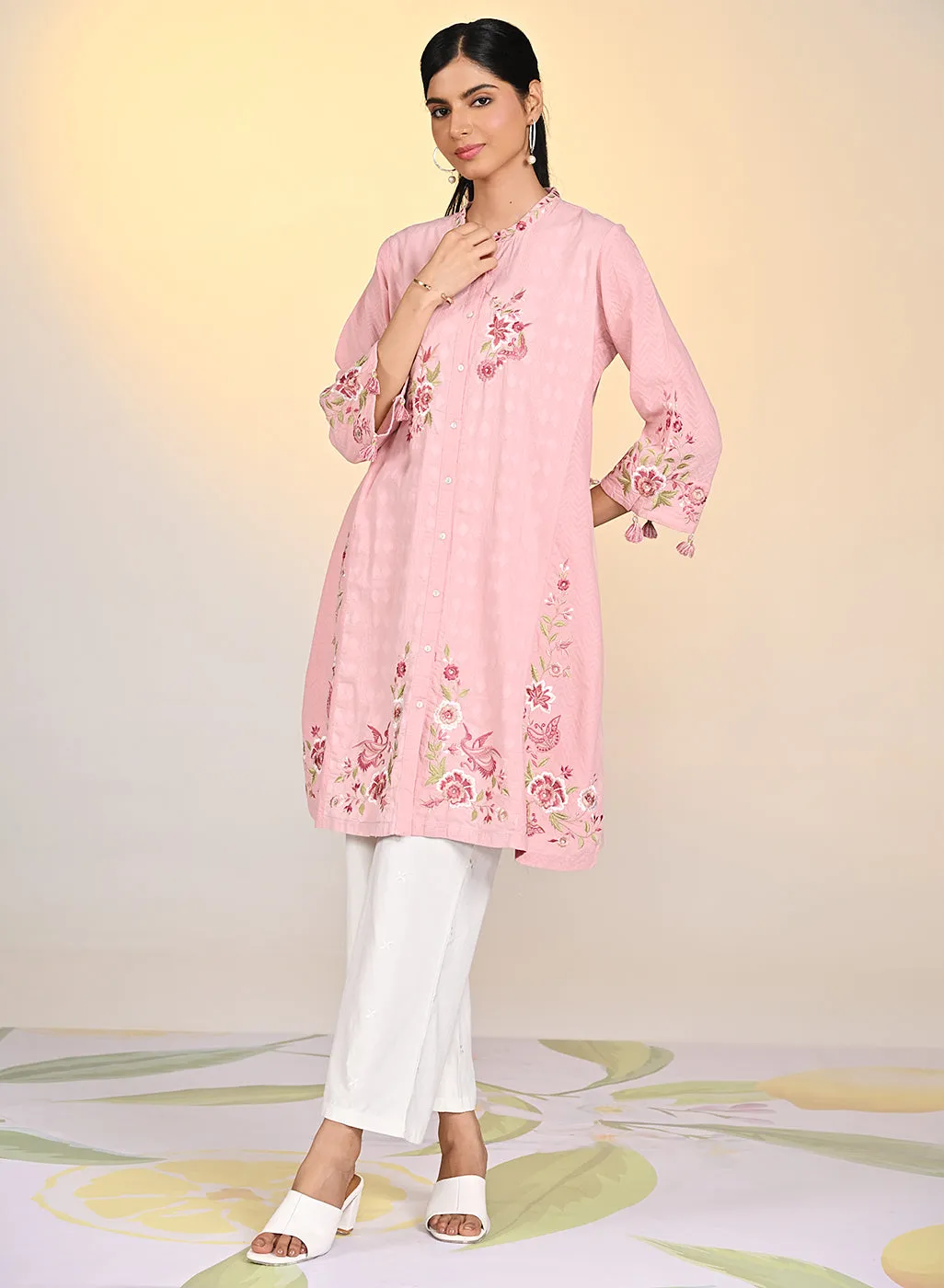 Zaheen Salmon Pink Embroidered Cotton Jacquard Tunic for Women