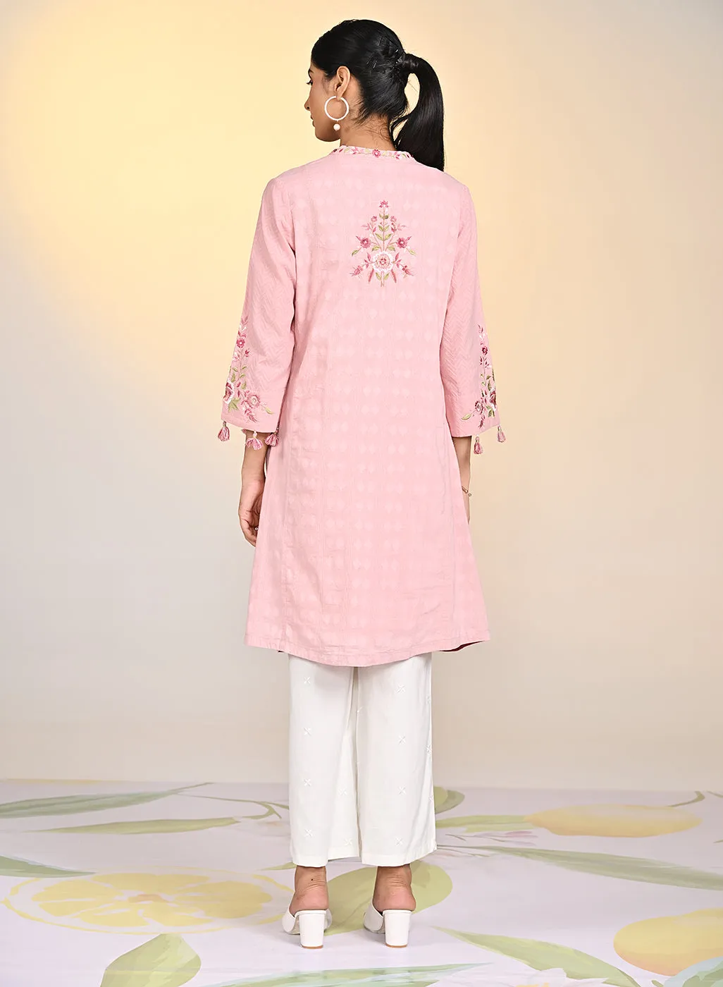 Zaheen Salmon Pink Embroidered Cotton Jacquard Tunic for Women