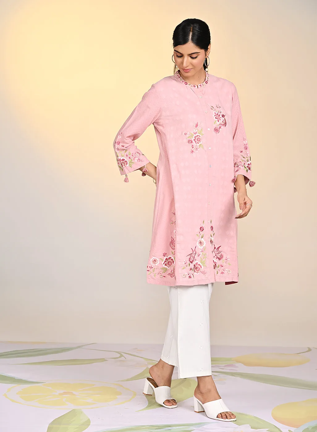 Zaheen Salmon Pink Embroidered Cotton Jacquard Tunic for Women