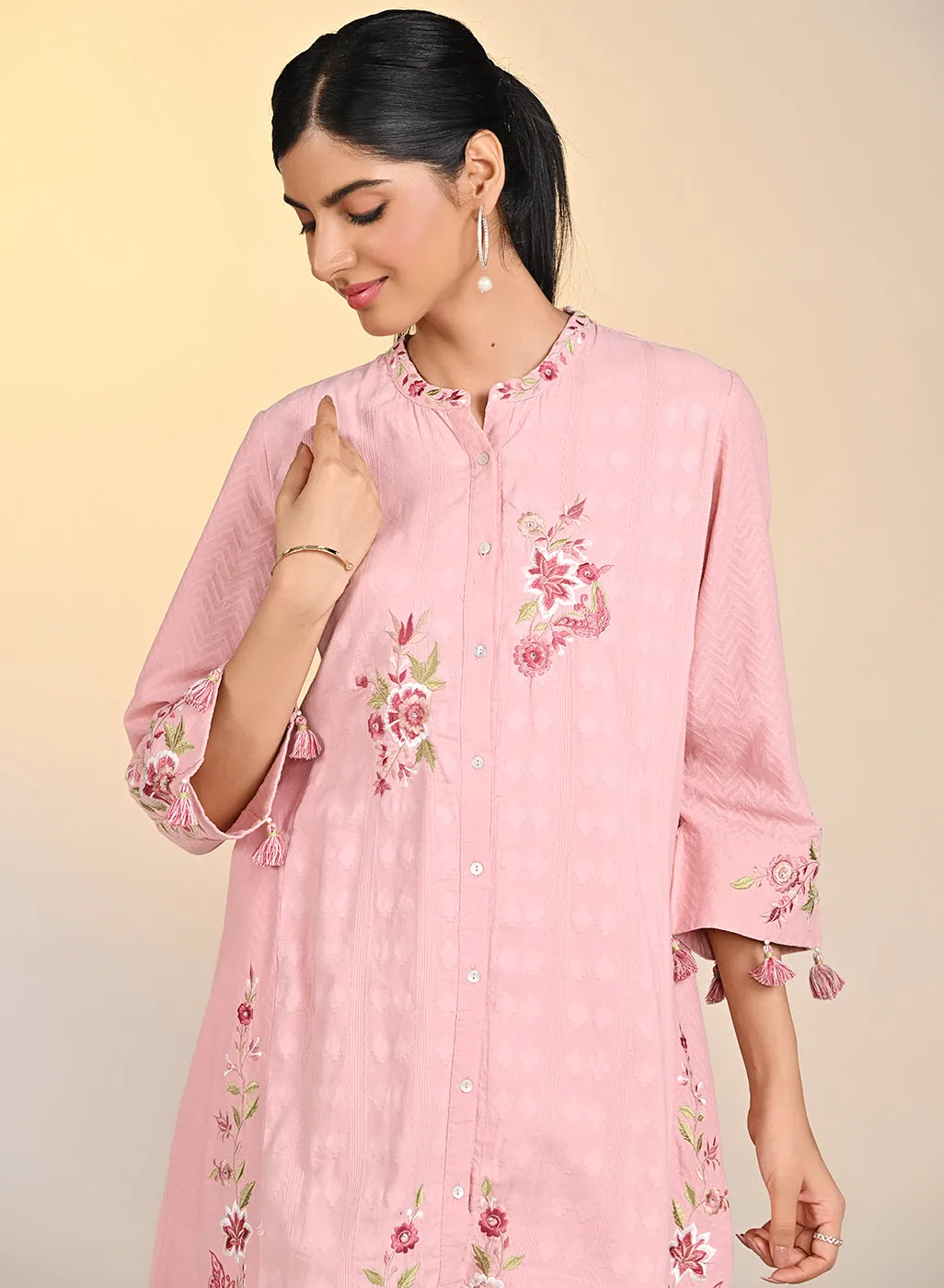 Zaheen Salmon Pink Embroidered Cotton Jacquard Tunic for Women