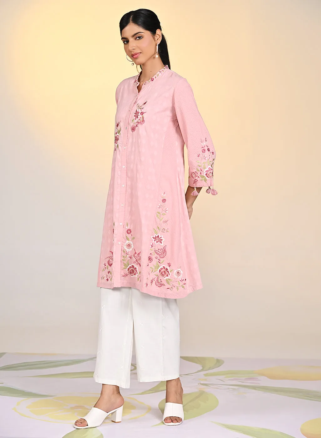 Zaheen Salmon Pink Embroidered Cotton Jacquard Tunic for Women